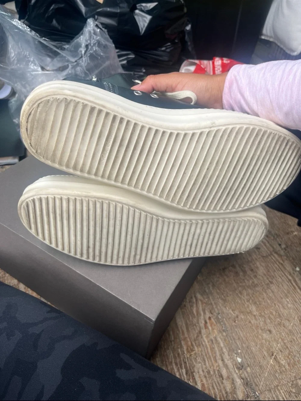 Rick Owens Black Leather High-Top Boat Sneakers with White Toe Caps
